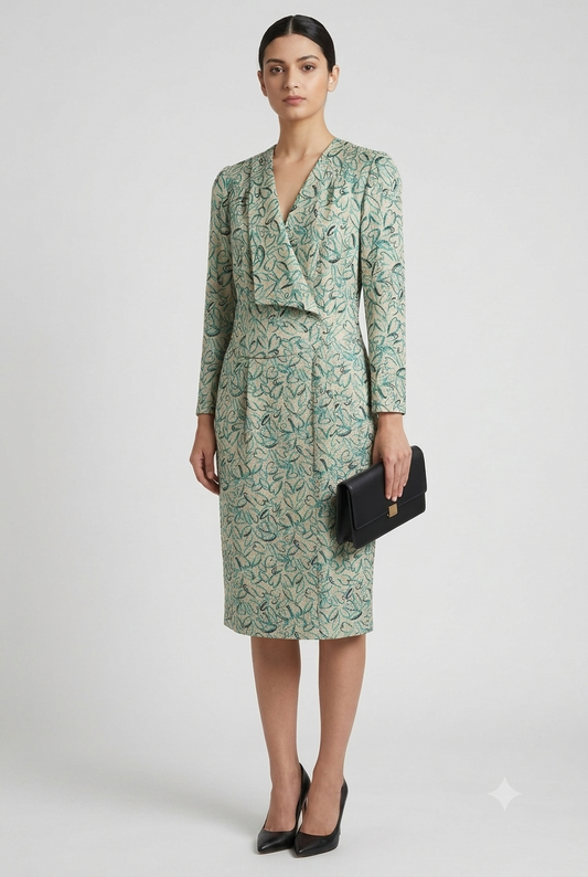 Title: Tailored Botanical Print Wrap-Effect Dress