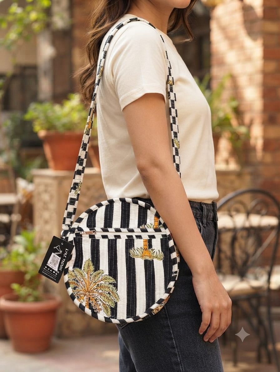 Handcrafted Quilted Cotton Round Sling Bag | Black & White Palm Tree Print Crossbody Bag | Lightweight Everyday Travel Purse for Women