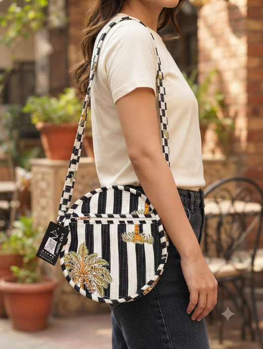 Handcrafted Quilted Cotton Round Sling Bag | Black & White Palm Tree Print Crossbody Bag | Lightweight Everyday Travel Purse for Women