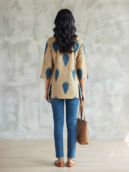 Women's Beige Cotton Printed Short Kurti | Leaf Print | 3/4 Sleeves | Regular Fit Casual Top