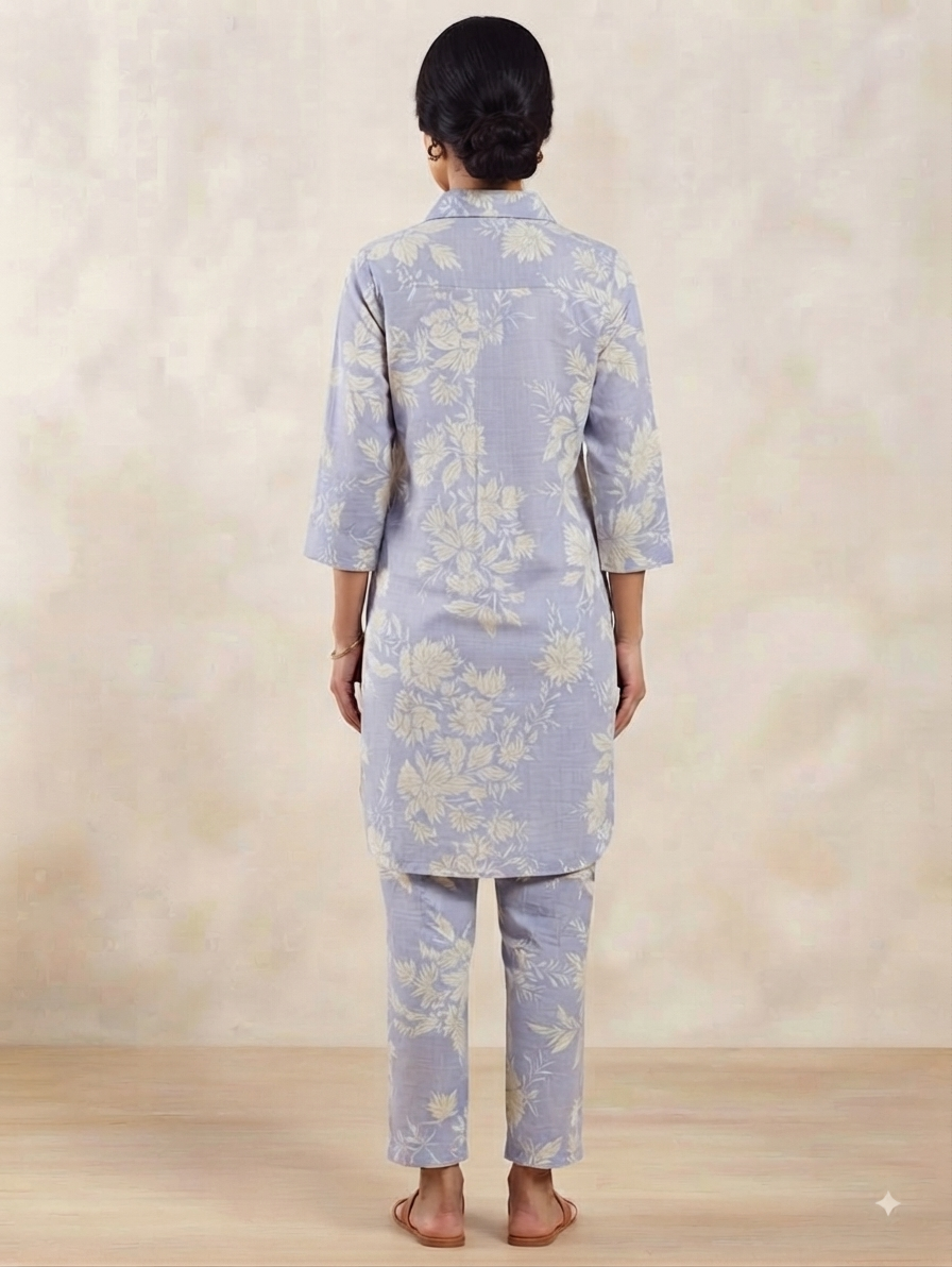 Icy purple floral two-piece women's co-ord set.