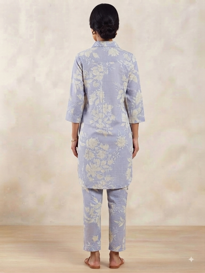 Icy purple floral two-piece women's co-ord set.
