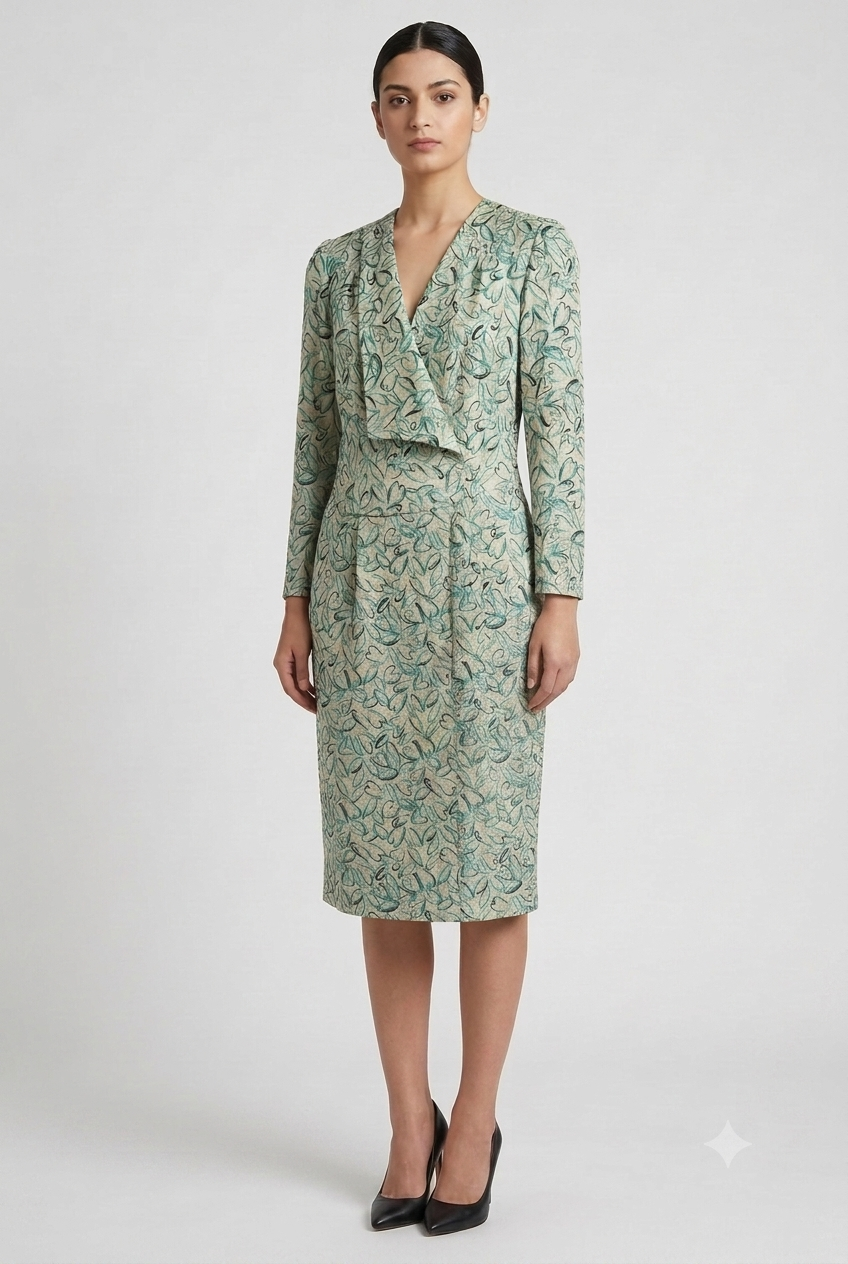 Title: Tailored Botanical Print Wrap-Effect Dress