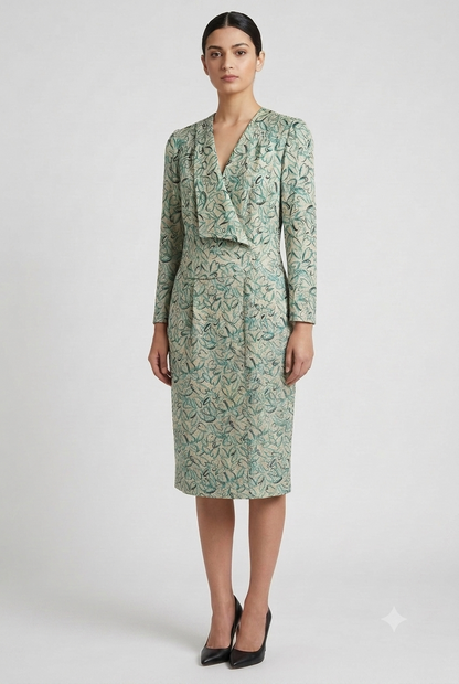 Title: Tailored Botanical Print Wrap-Effect Dress