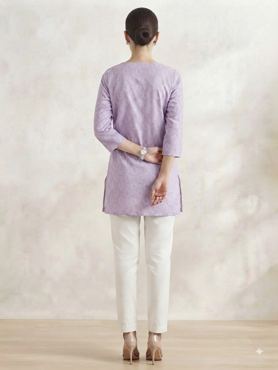 Lavender Printed Short Kurti with White Straight Pants Co-ord Set