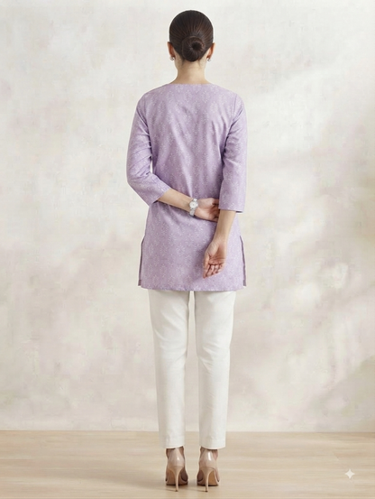 Lavender Printed Short Kurti with White Straight Pants Co-ord Set