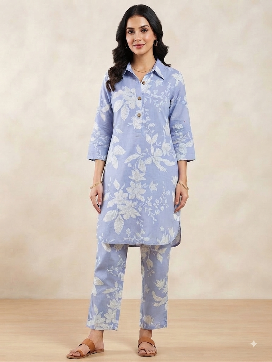 Icy purple floral two-piece women's co-ord set.