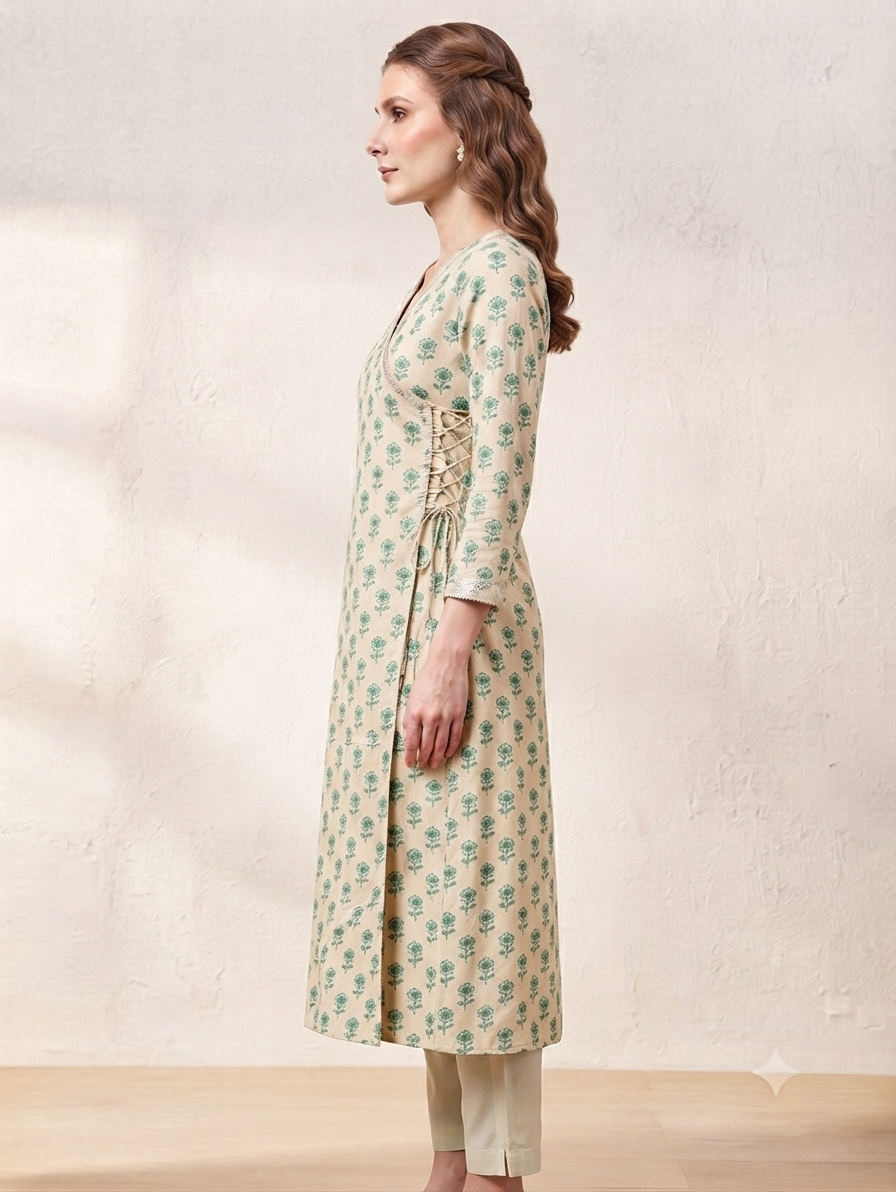 Women's Beige & Green Floral Printed Cotton Angrakha Kurti | Knee Length | Side Knot Tie-Up | V-Neck | 3/4 Sleeves