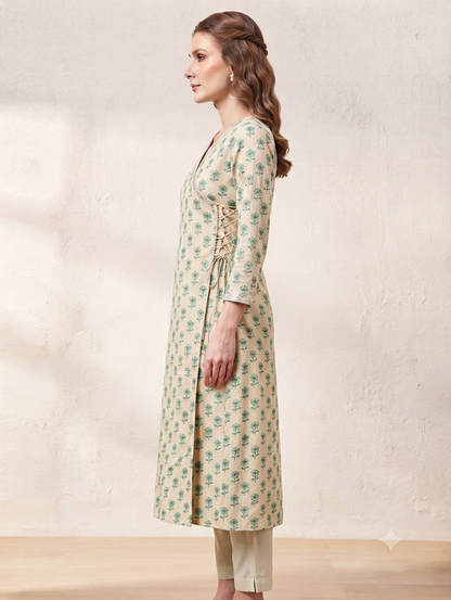 Women's Beige & Green Floral Printed Cotton Angrakha Kurti | Knee Length | Side Knot Tie-Up | V-Neck | 3/4 Sleeves