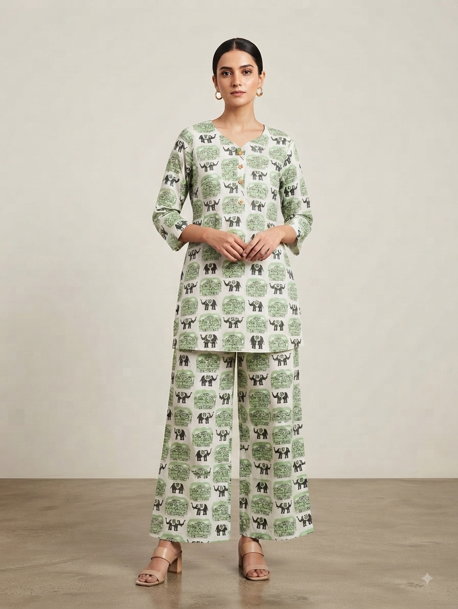 Green & White Elephant Print Kurta with Palazzo Pants Co-ord Set