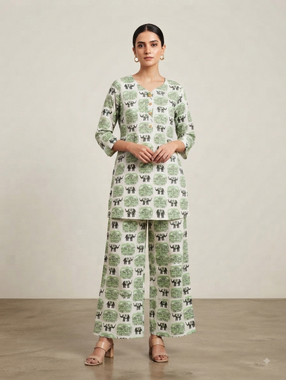 Green & White Elephant Print Kurta with Palazzo Pants Co-ord Set