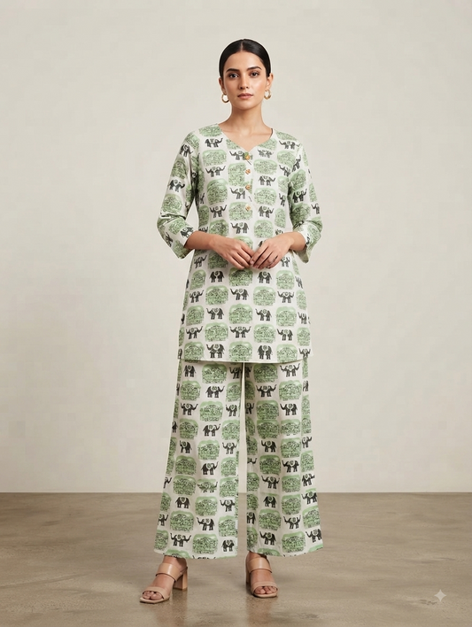 Green & White Elephant Print Kurta with Palazzo Pants Co-ord Set
