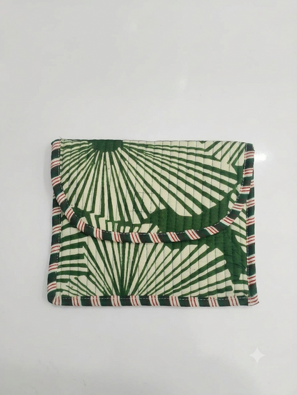 Handcrafted Quilted Cotton Hand Purse | Green Tropical Leaf Print Multipurpose Organizer Pouch | Lightweight Travel & Daily Use