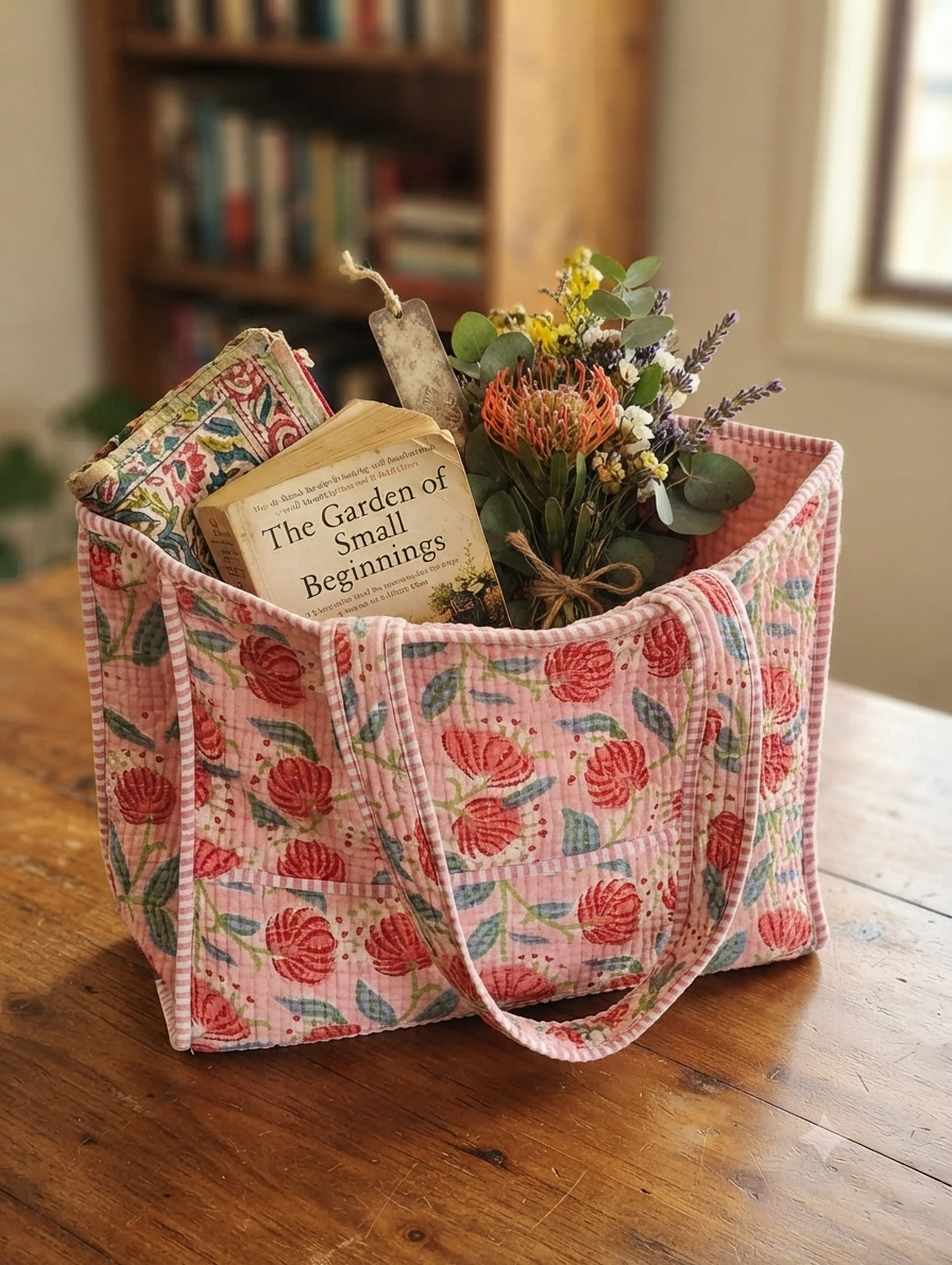 Pink Floral Print Quilted Cotton Tote Bag for Women | Lightweight Shoulder Bag | Everyday Shopping & Travel Tote