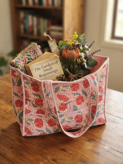 Pink Floral Print Quilted Cotton Tote Bag for Women | Lightweight Shoulder Bag | Everyday Shopping & Travel Tote