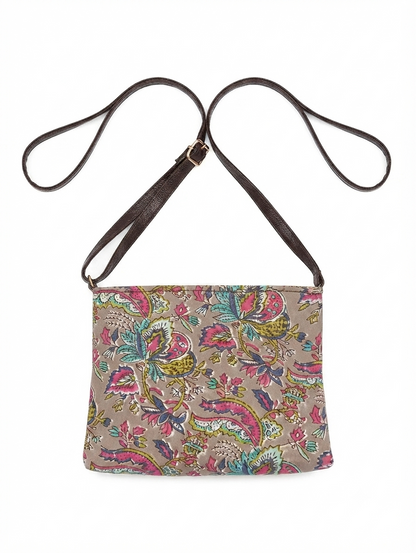 Handcrafted Floral Print Cotton Sling Bag | Beige Multicolor Crossbody Shoulder Bag | Lightweight Everyday Travel Purse for Women