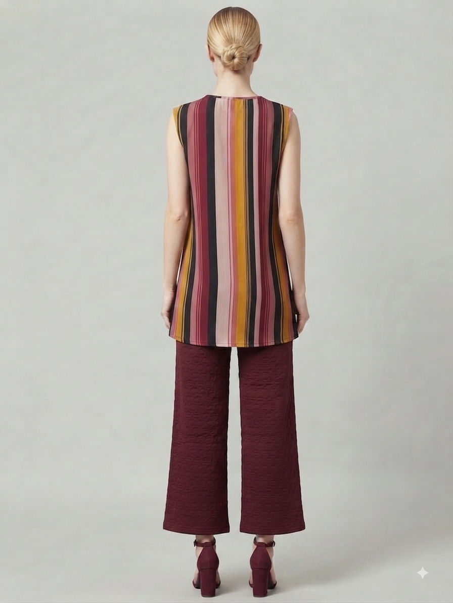 Maroon Multi-Colour Striped Top with Textured Wide-Leg Pants Co-ord Set