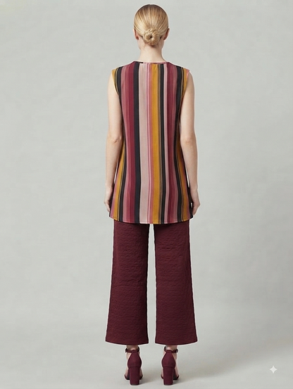 Maroon Multi-Colour Striped Top with Textured Wide-Leg Pants Co-ord Set