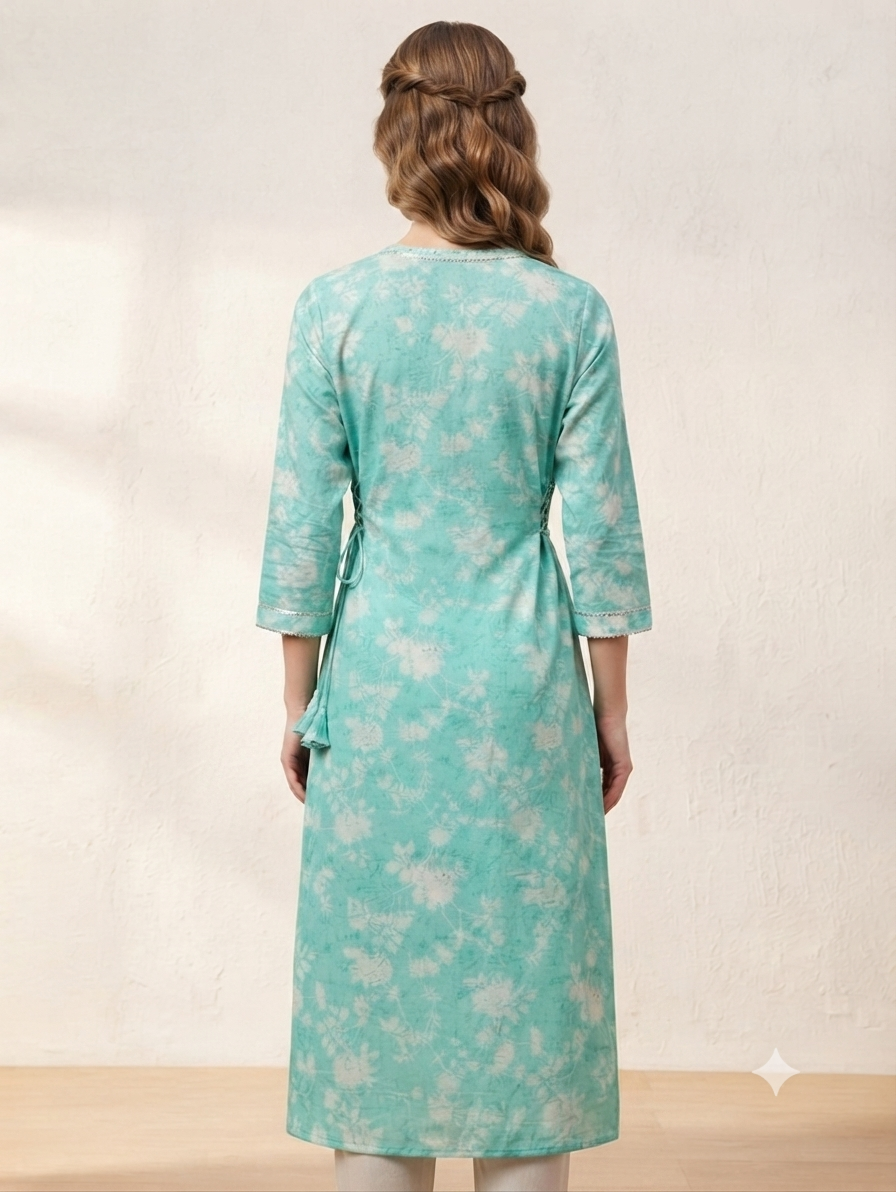 Women's Aqua Blue Floral Printed Cotton Angrakha Kurti | Knee Length | Side Knot Tie-Up | V-Neck | 3/4 Sleeves