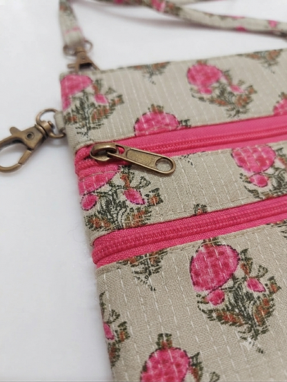 Handcrafted Quilted Cotton Multi-Pocket Sling Bag | Pink Floral Print Crossbody Bag | Lightweight Travel Organizer for Women