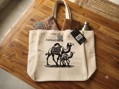 Jaisalmer Camel Print Eco-Friendly Cotton Canvas Tote Bag | Reusable Shopping & Travel Tote