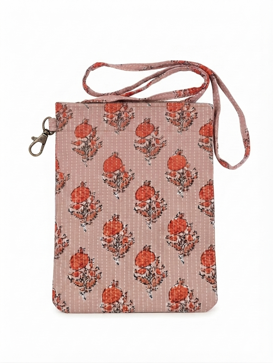Women's Peach Floral Printed Cotton Sling Bag | Lightweight Crossbody Travel Pouch with Adjustable Strap