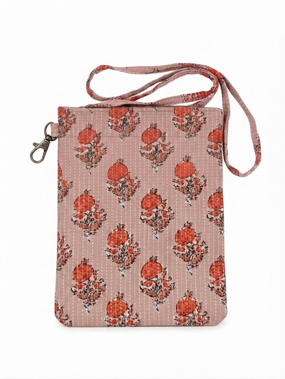 Women's Peach Floral Printed Cotton Sling Bag | Lightweight Crossbody Travel Pouch with Adjustable Strap