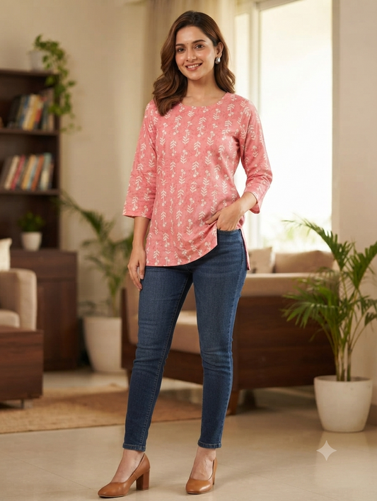 Women's Peach Pink Cotton Printed Short Kurti | 3/4 Sleeves | Regular Fit Casual Top