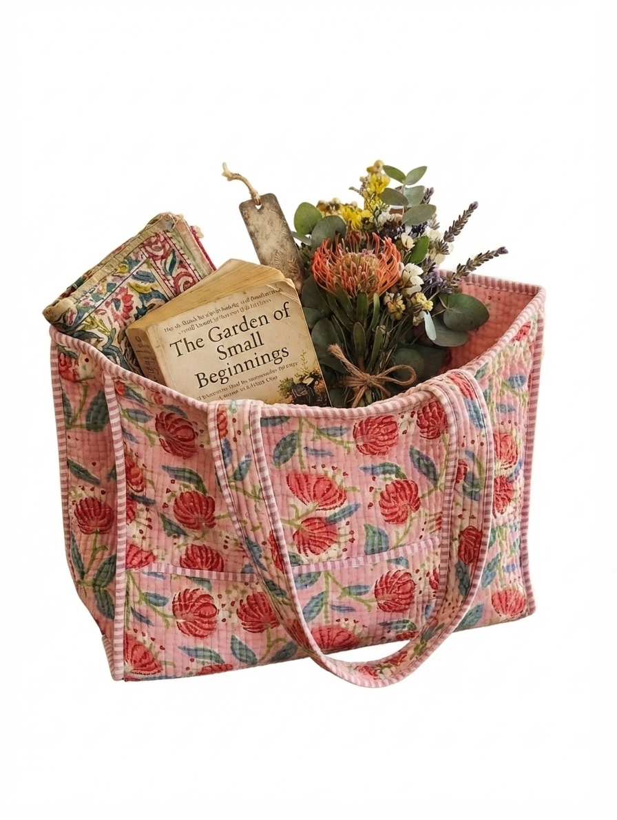 Pink Floral Print Quilted Cotton Tote Bag for Women | Lightweight Shoulder Bag | Everyday Shopping & Travel Tote