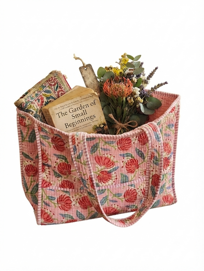Pink Floral Print Quilted Cotton Tote Bag for Women | Lightweight Shoulder Bag | Everyday Shopping & Travel Tote