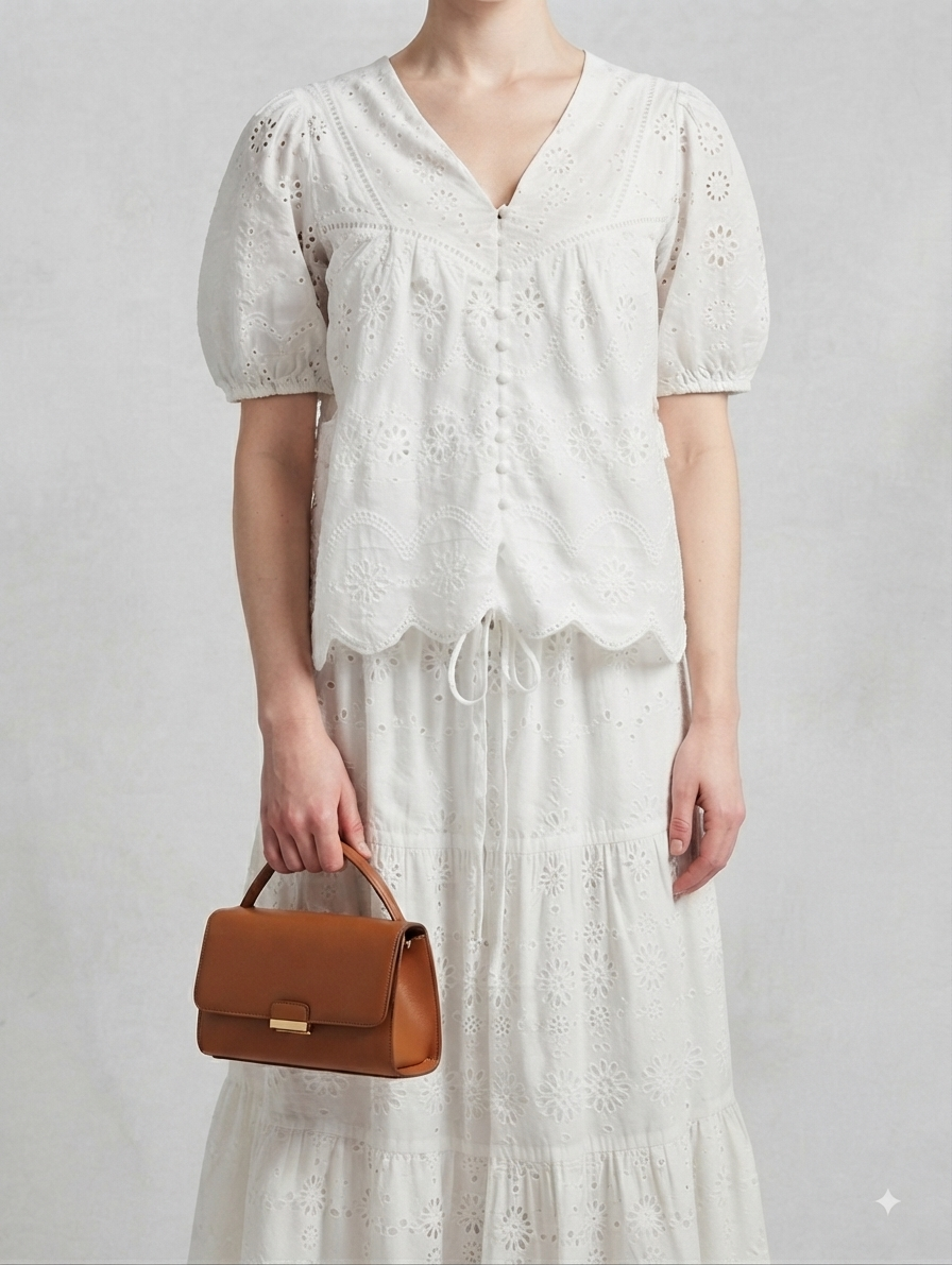 White Schiffli Embroidered Top with Long Tiered Skirt Co-ord Set