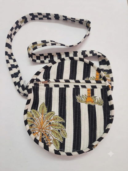 Handcrafted Quilted Cotton Round Sling Bag | Black & White Palm Tree Print Crossbody Bag | Lightweight Everyday Travel Purse for Women
