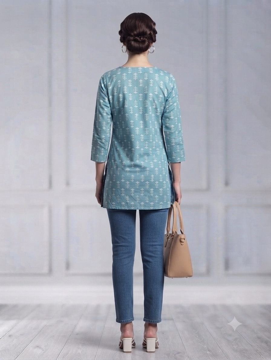 Women's Sky Blue Cotton Printed Short Kurti | 3/4 Sleeves | Regular Fit Casual Top