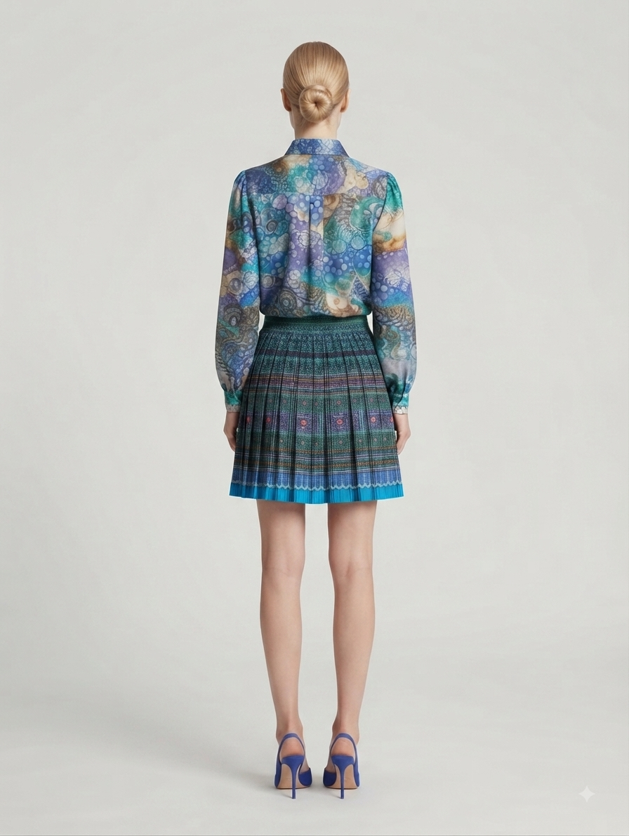 Blue Printed Above-Knee Skirt with Matching Shirt Co-ord Set