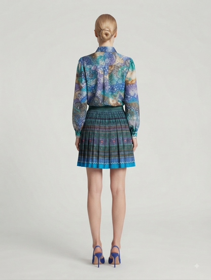 Blue Printed Above-Knee Skirt with Matching Shirt Co-ord Set