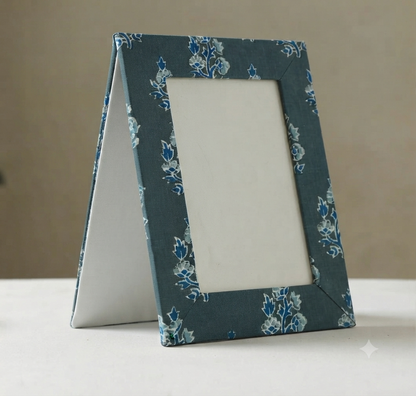 Handcrafted Textile Photo Frame 8 x 6 Inches – Blue Floral Fabric Picture Frame with Back Flaps