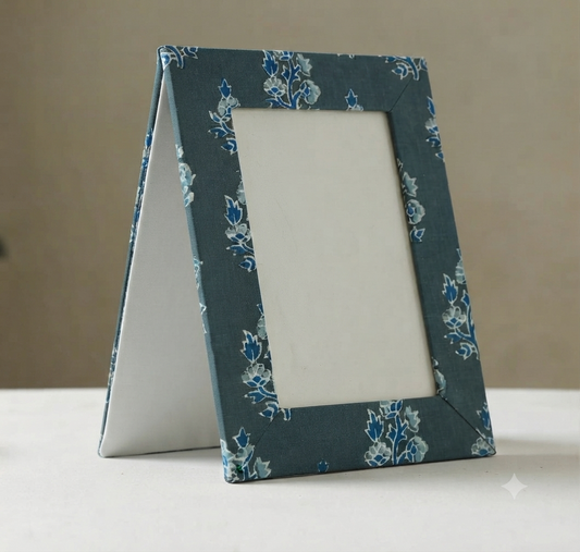Handcrafted Textile Photo Frame 8 x 6 Inches – Blue Floral Fabric Picture Frame with Back Flaps