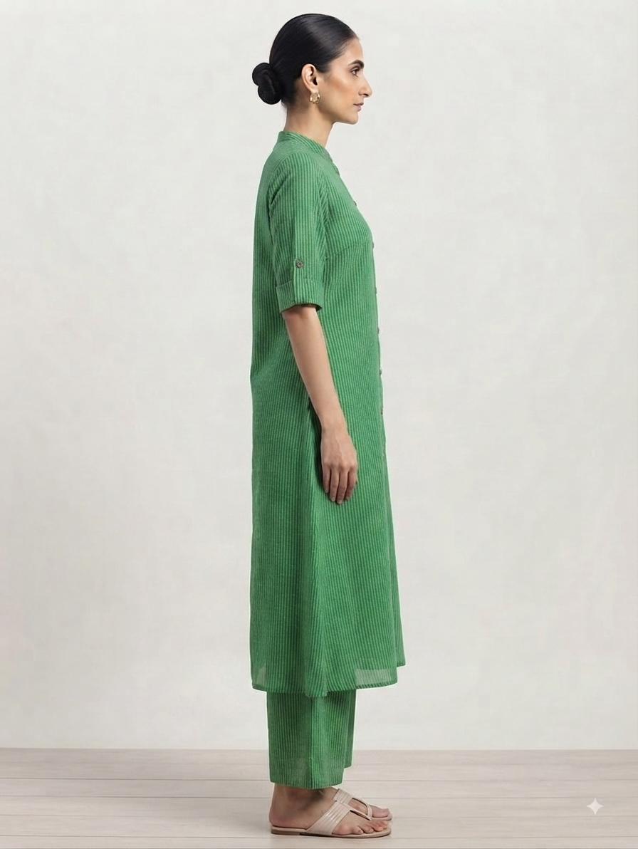 Green Textured Straight Kurta with Wide-Leg Pants Co-ord Set