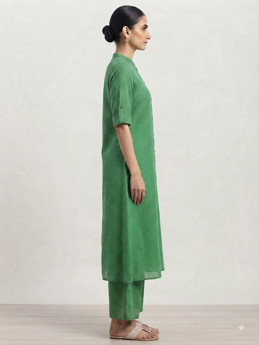 Green Textured Straight Kurta with Wide-Leg Pants Co-ord Set