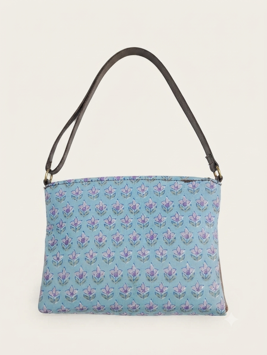 Handcrafted Floral Print Cotton Sling Bag | Sky Blue Crossbody Shoulder Bag | Lightweight Everyday Travel Purse for Women
