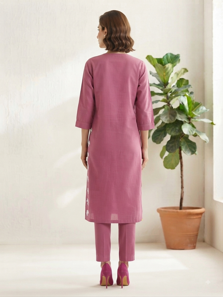 Pink Elephant Embroidered Knee-Length Kurta with Pants Co-ord Set – Khadi Cotton