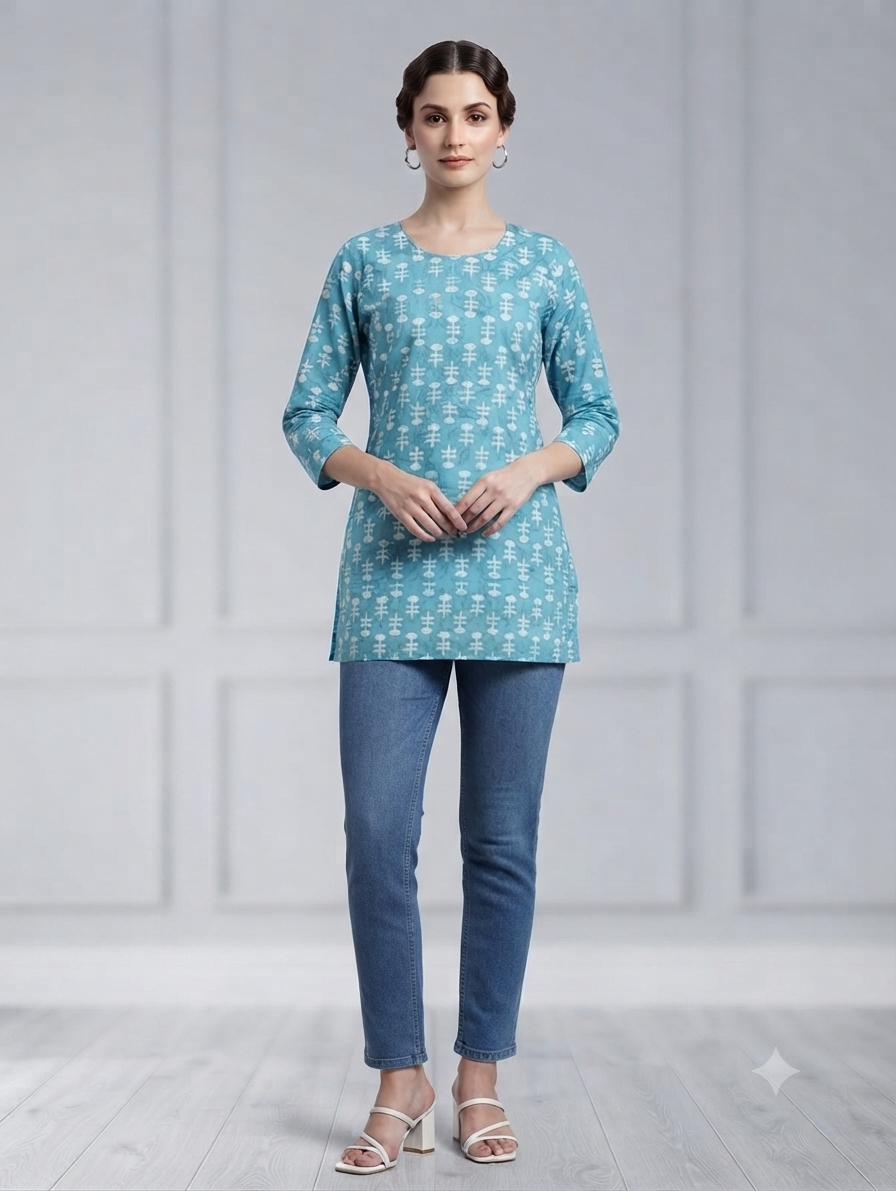 Women's Sky Blue Cotton Printed Short Kurti | 3/4 Sleeves | Regular Fit Casual Top