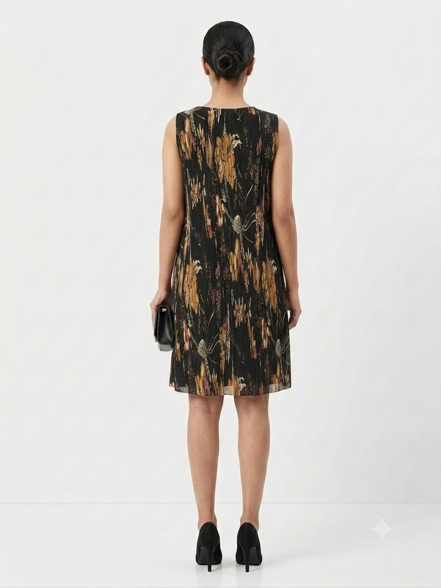 Pleated Abstract Print Shift Dress