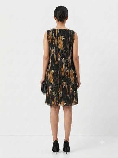 Pleated Abstract Print Shift Dress