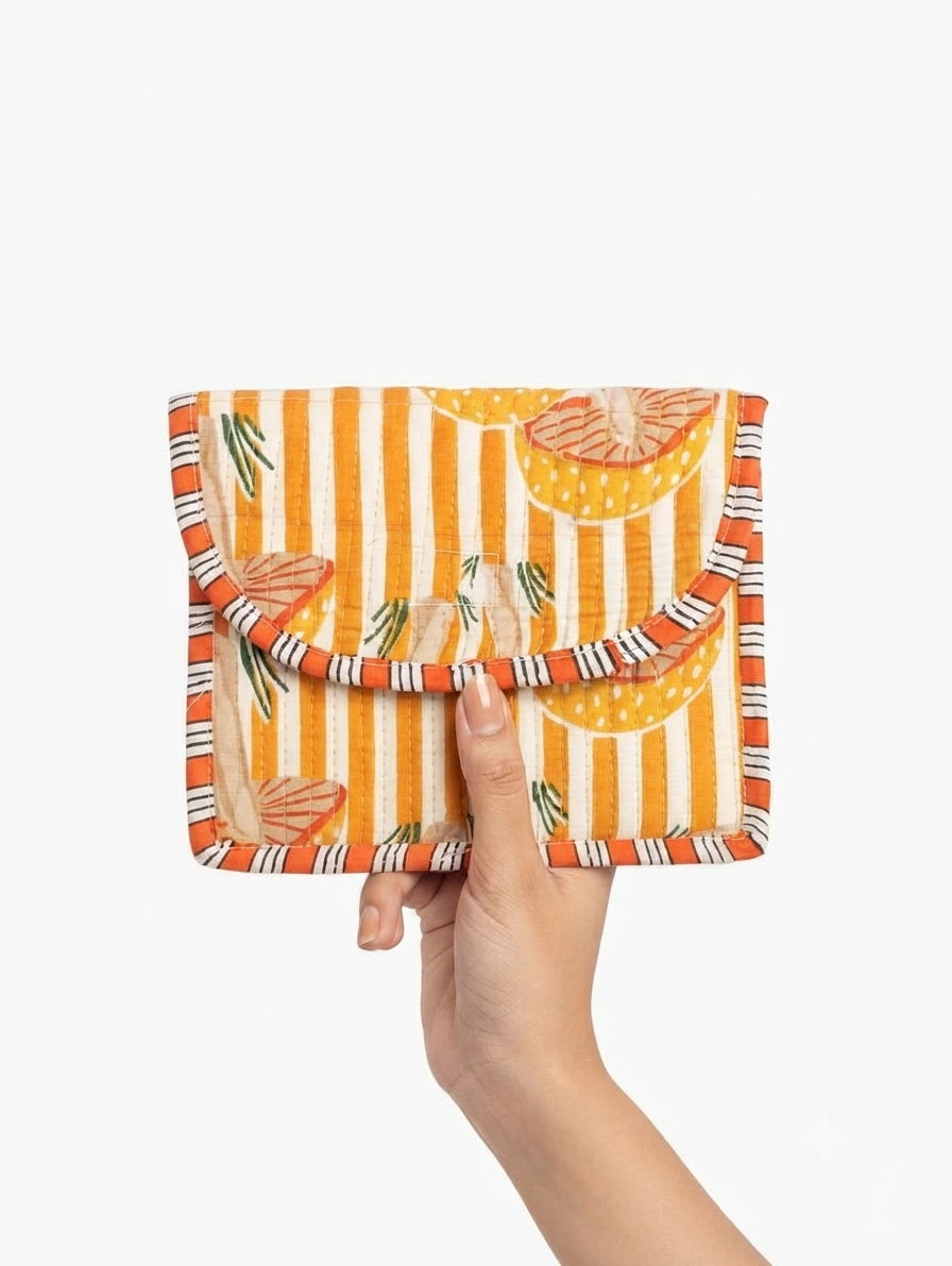 Mustard Striped Quilted Cotton Hand Purse for Women | Floral Print Padded Clutch Wallet | Multipurpose Travel Organizer