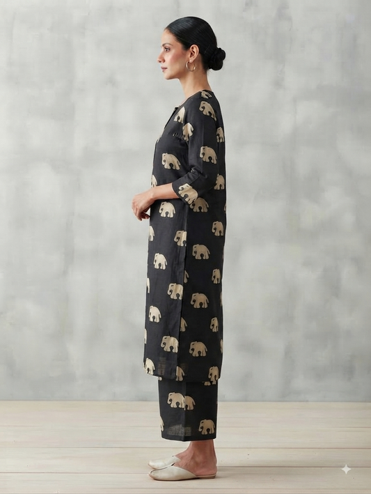 Black Elephant Print Kurta with Wide-Leg Pants Co-ord Set