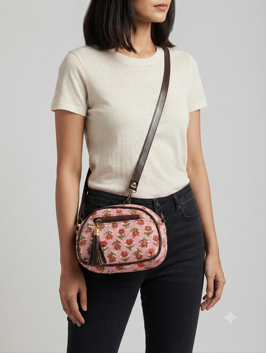 Handcrafted Floral Print Cotton Sling Bag | Pink Crossbody Shoulder Bag with Tassel | Lightweight Everyday Travel Purse for Women
