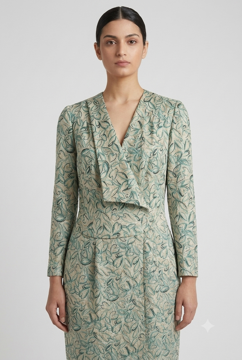 Title: Tailored Botanical Print Wrap-Effect Dress