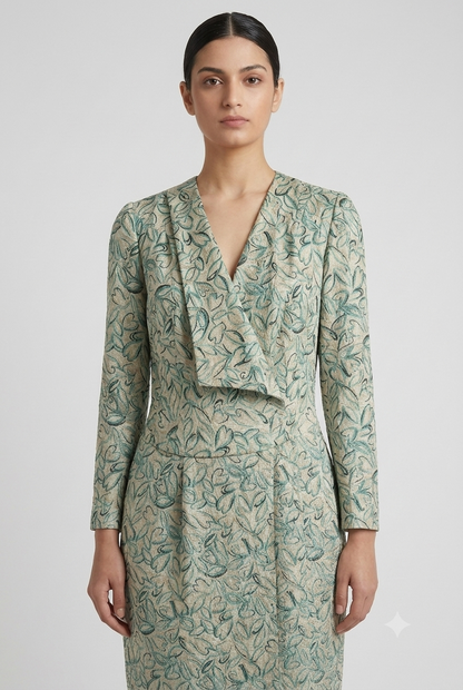 Title: Tailored Botanical Print Wrap-Effect Dress
