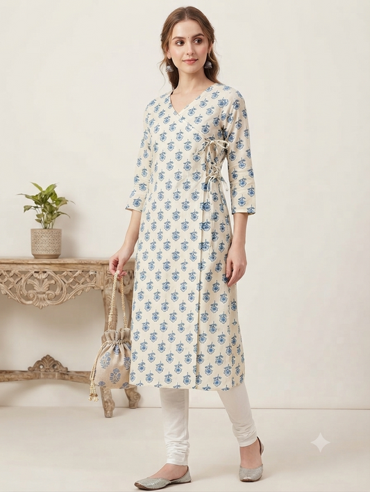 Women's Beige & Blue Printed Cotton Angrakha Kurti | Knee Length | Side Knot Tie-Up | V-Neck | 3/4 Sleeves